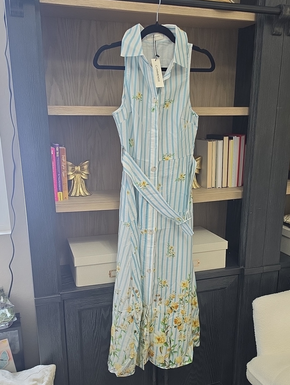 Sleeveless Blue Striped Floral Maxi Dress with Waist Tie